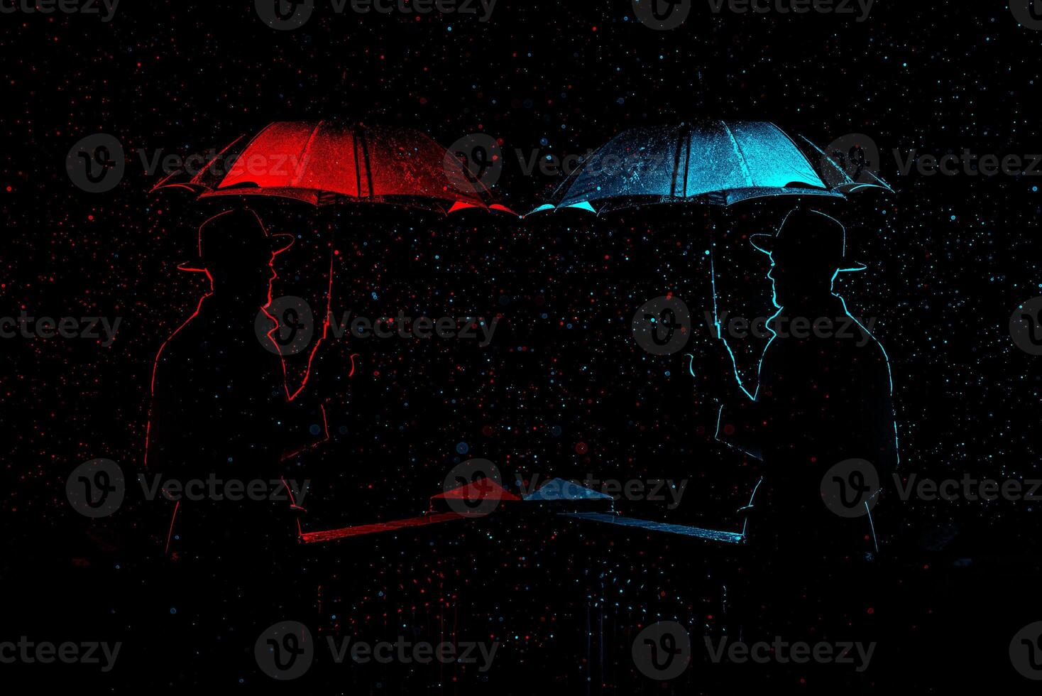 silhouette of a man in a hat under an umbrella at night in the rain in the city photo