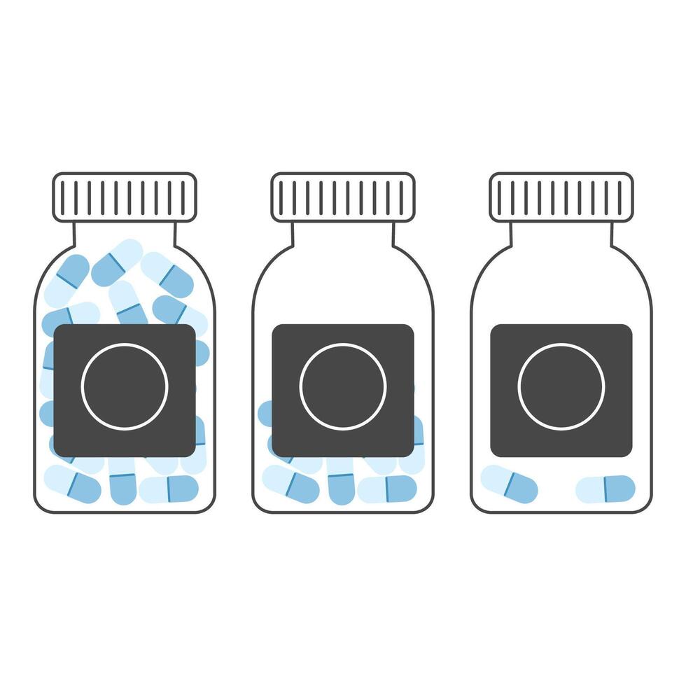 Set of transparent, outlined pill bottles with blue capsules. Editable stroke vector