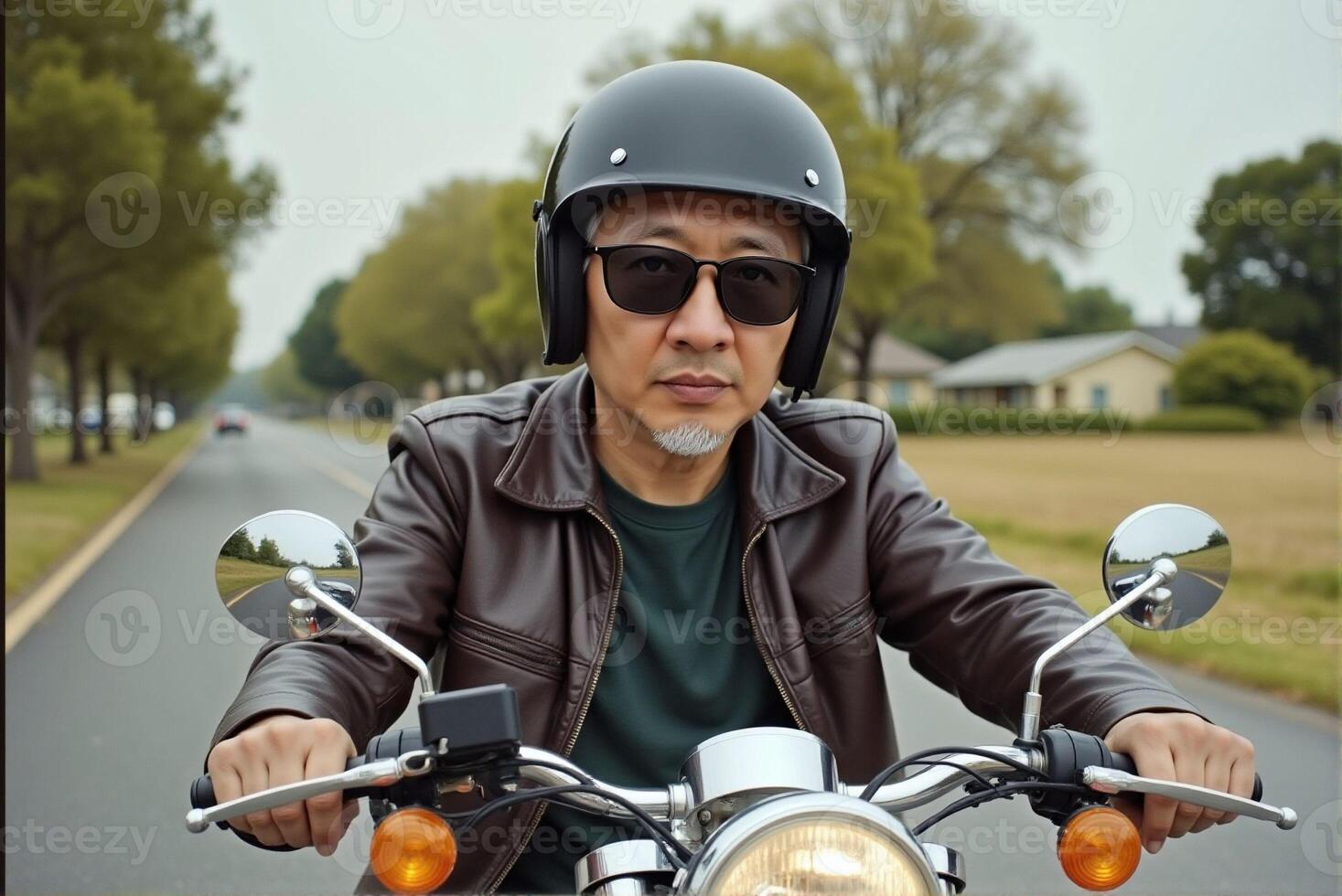 a man wearing a leather jacket and sunglasses is riding a motorcycle photo