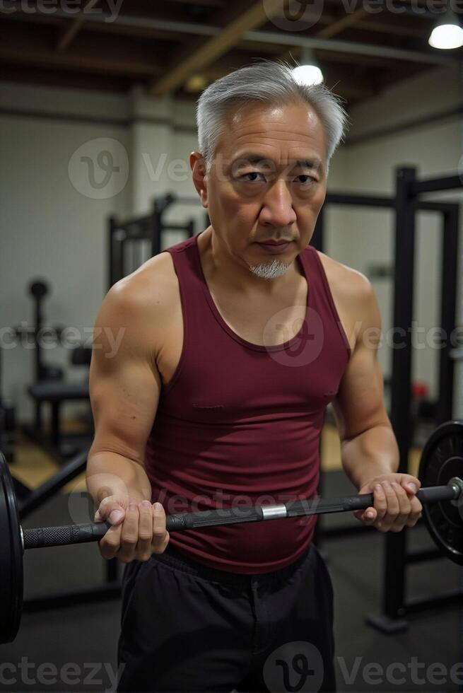 Senior man doing weight training in the gym photo
