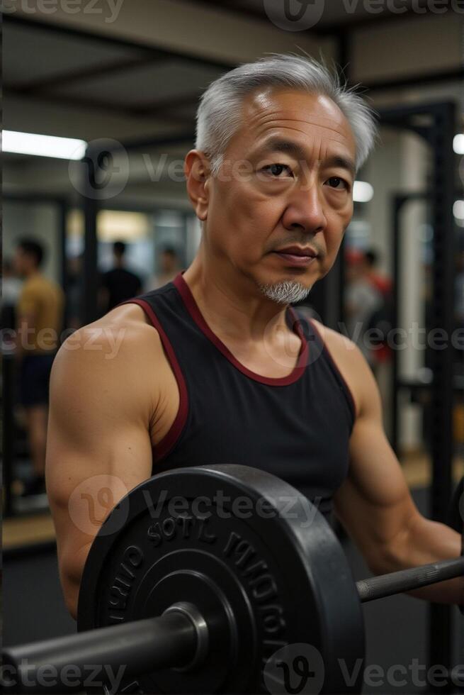 Senior man doing weight training in the gym photo