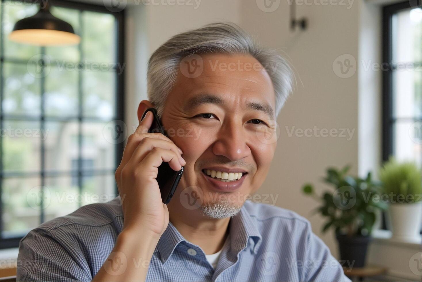 An old man happily talks about business on his mobile phone in the office. photo