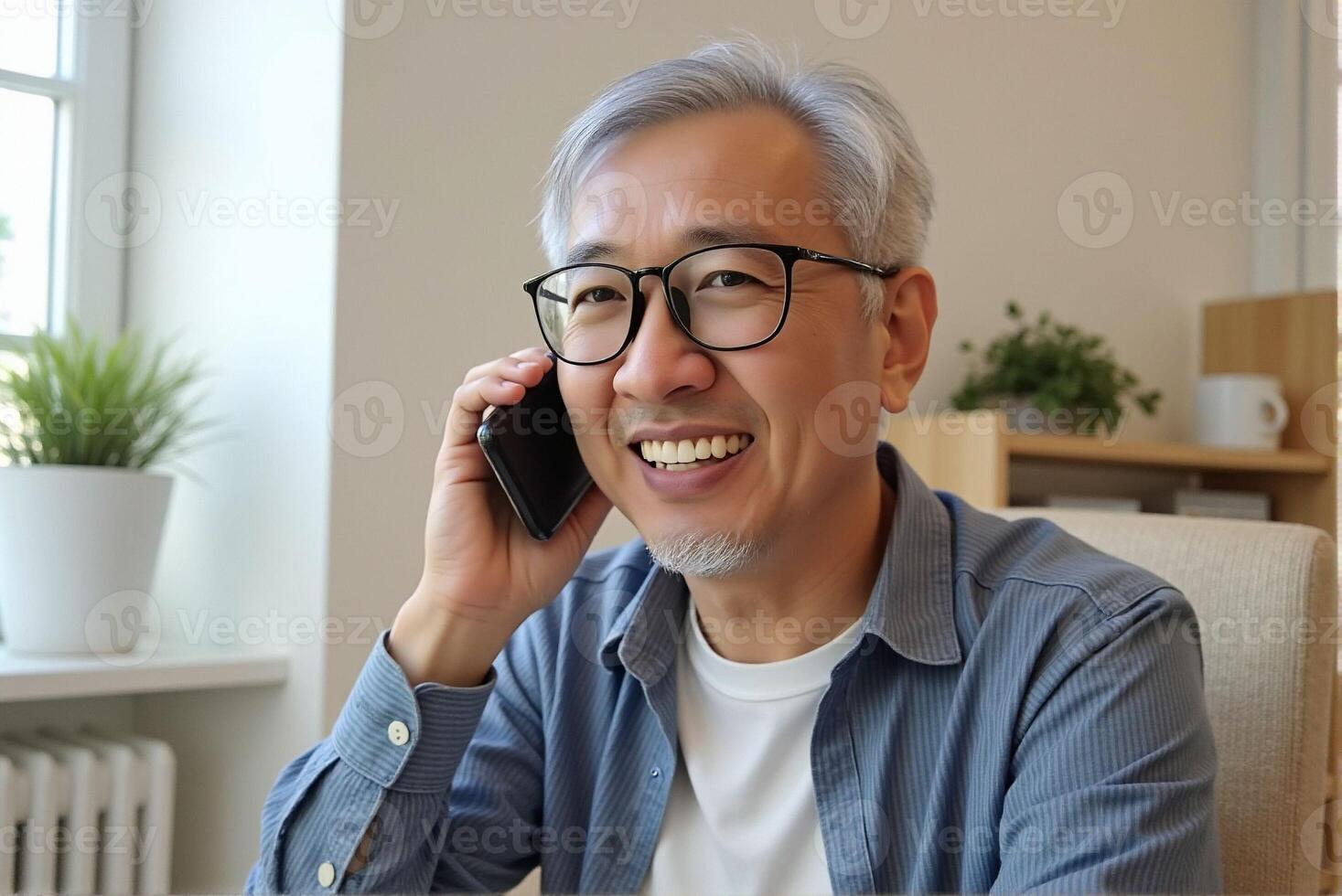 An old man happily talks about business on his mobile phone in the office. photo
