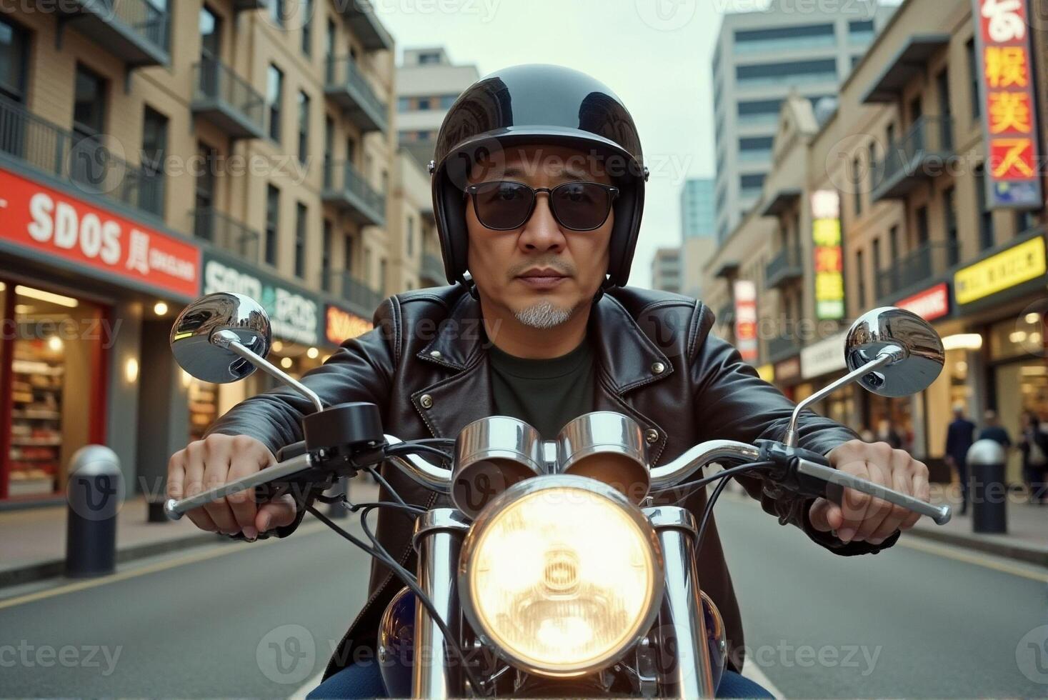 a man wearing a leather jacket and sunglasses is riding a motorcycle photo