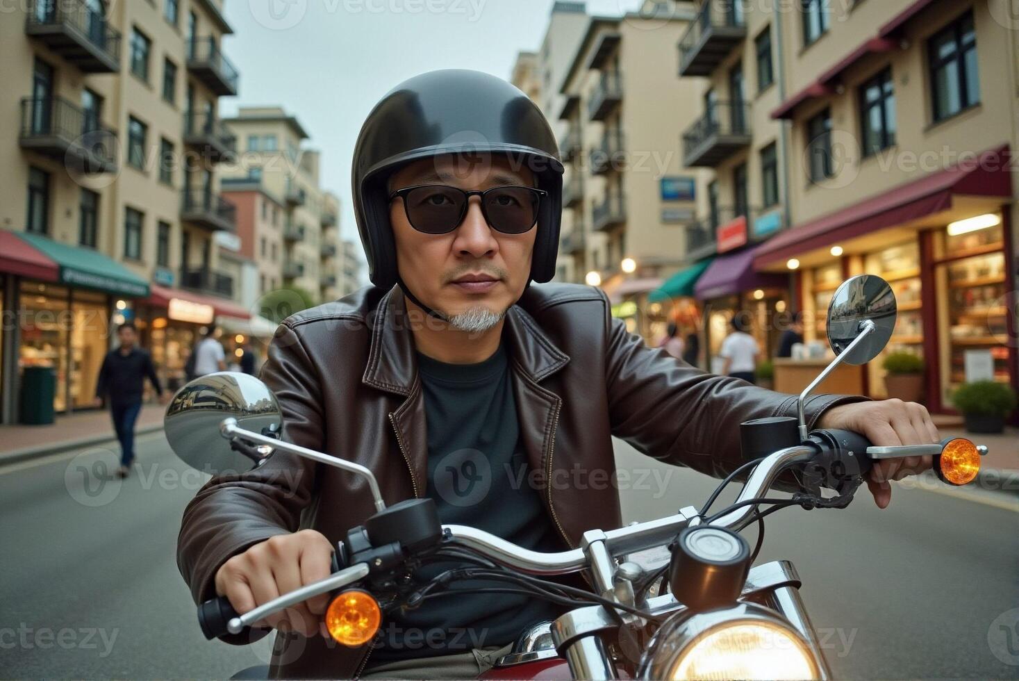 a man wearing a leather jacket and sunglasses is riding a motorcycle photo
