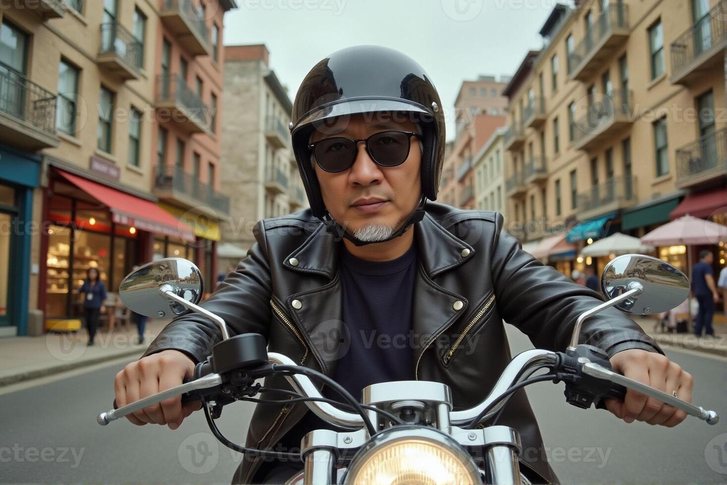 a man wearing a leather jacket and sunglasses is riding a motorcycle photo