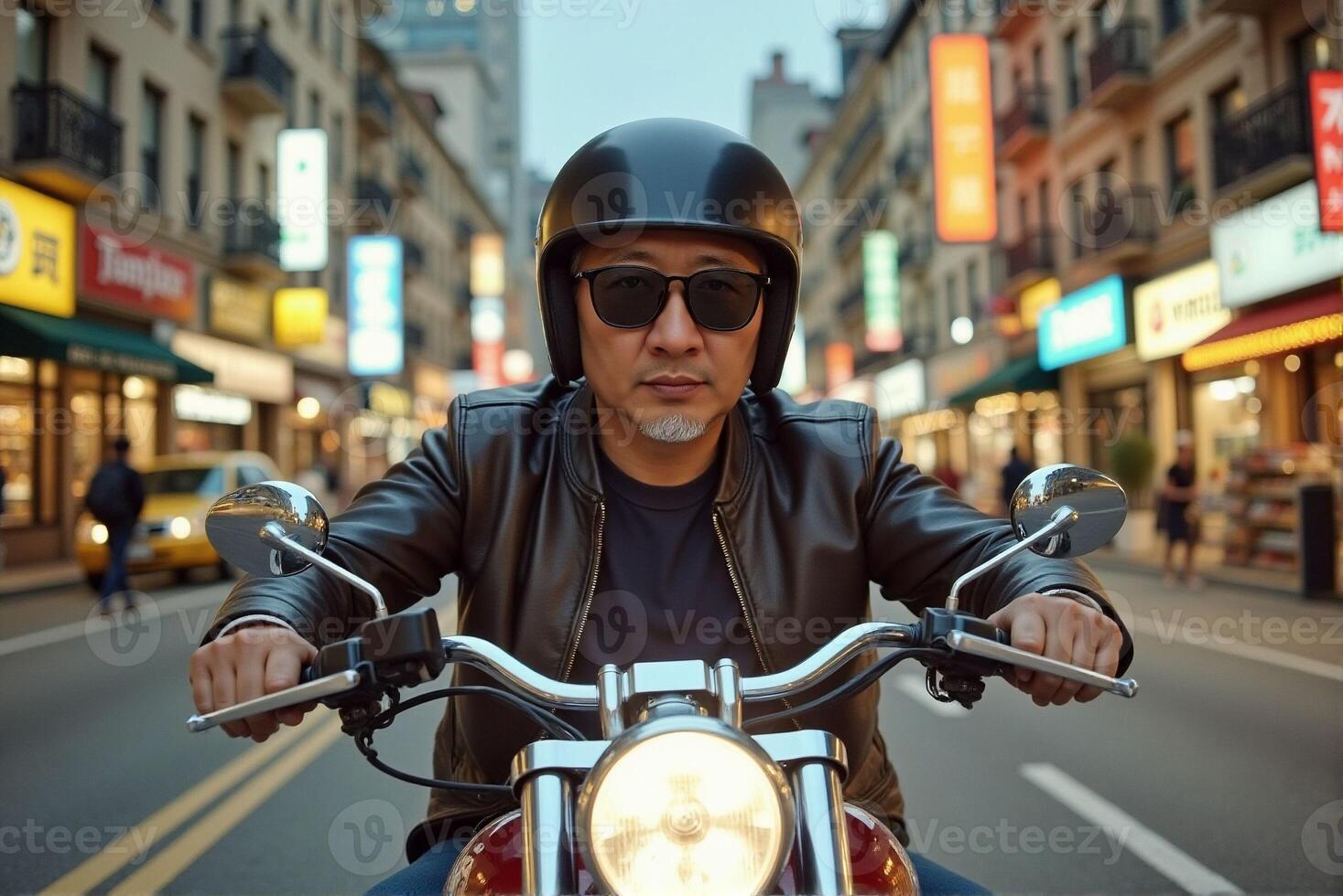 a man wearing a leather jacket and sunglasses is riding a motorcycle photo