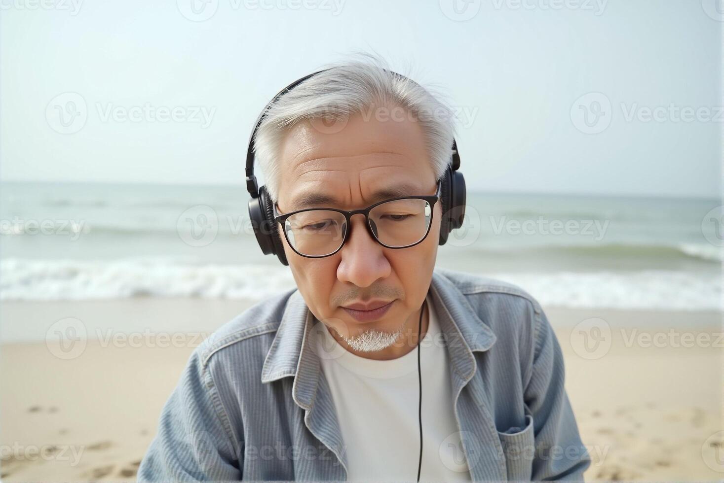 An old Asian man puts on headphones and enjoys music at the beach. photo