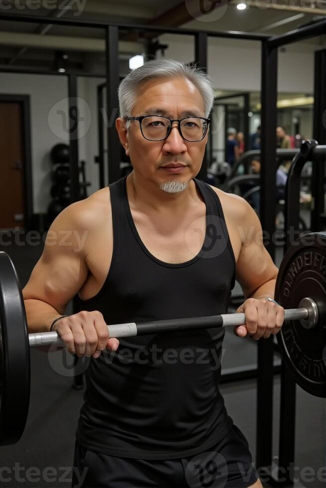 Senior man doing weight training in the gym photo