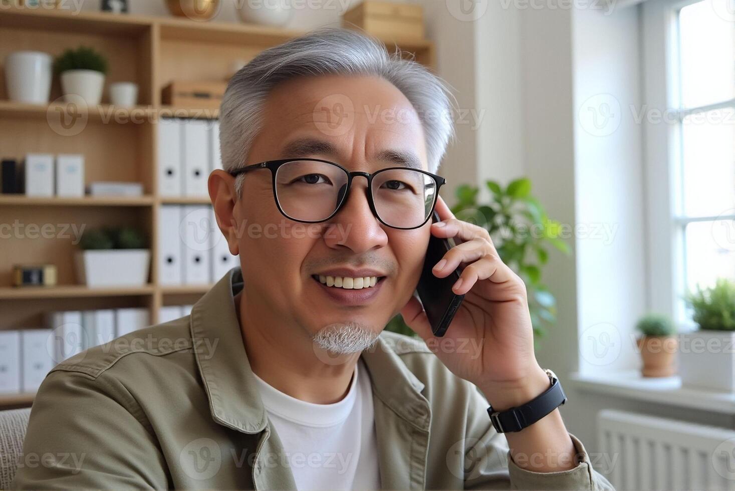 An old man happily talks about business on his mobile phone in the office. photo