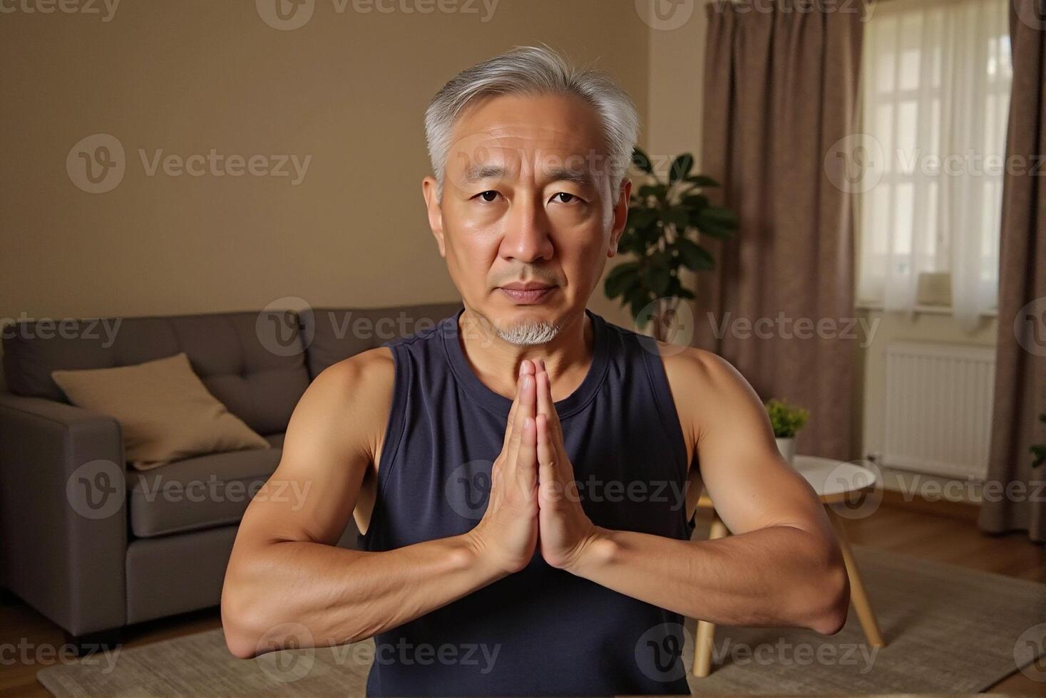 Asian old man practicing yoga in living room photo