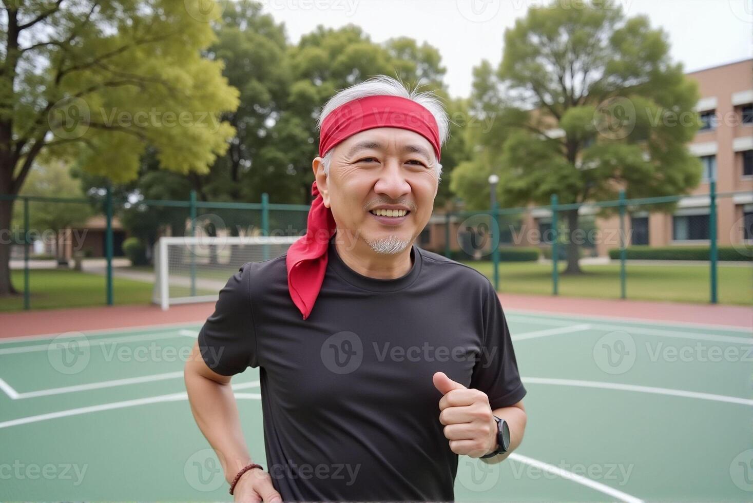 An old man is smiling and enjoying running on the track. photo
