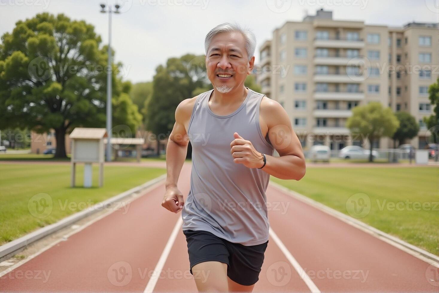 An old man is smiling and enjoying running on the track. photo