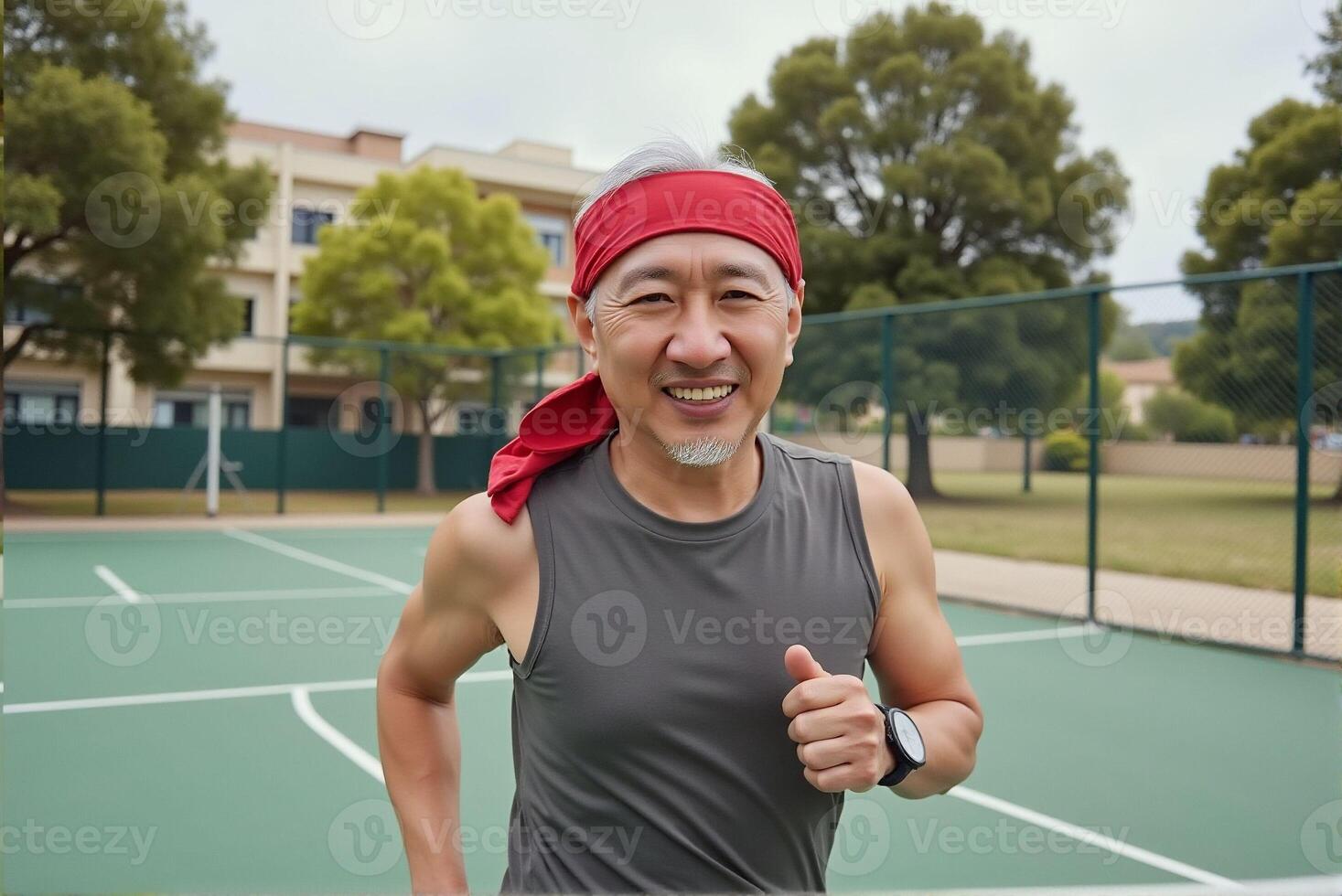 An old man is smiling and enjoying running on the track. photo