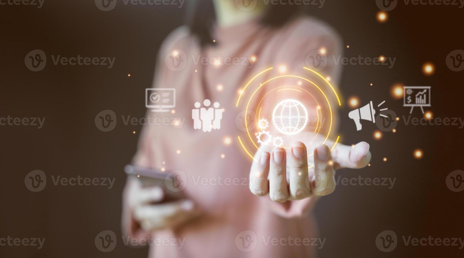 Digital media marketing in virtual screen concept. Businessman hand holding virtual globe, technology, communication, business world, IoT, internet network connection, artificial intelligence. photo