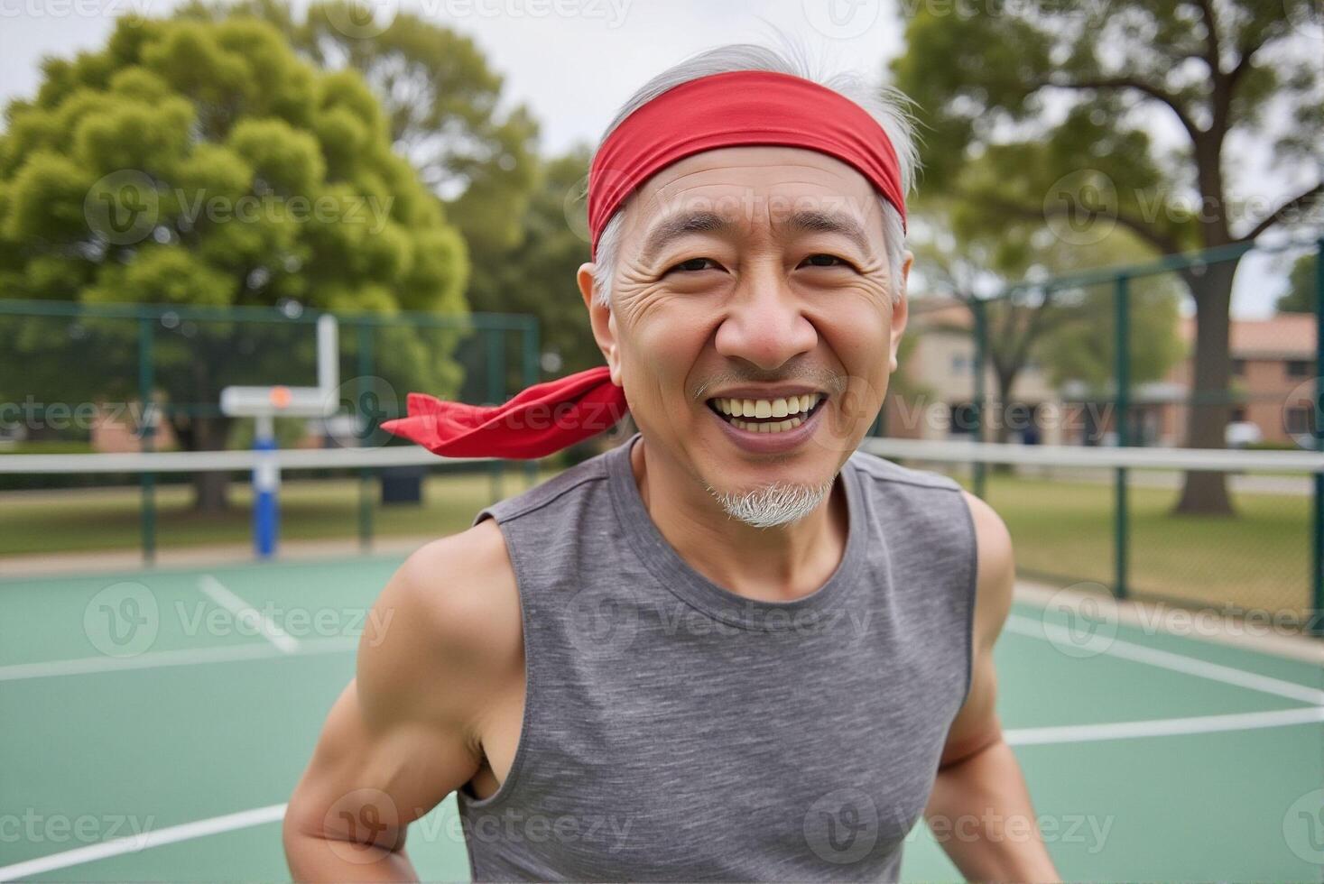 An old man is smiling and enjoying running on the track. photo