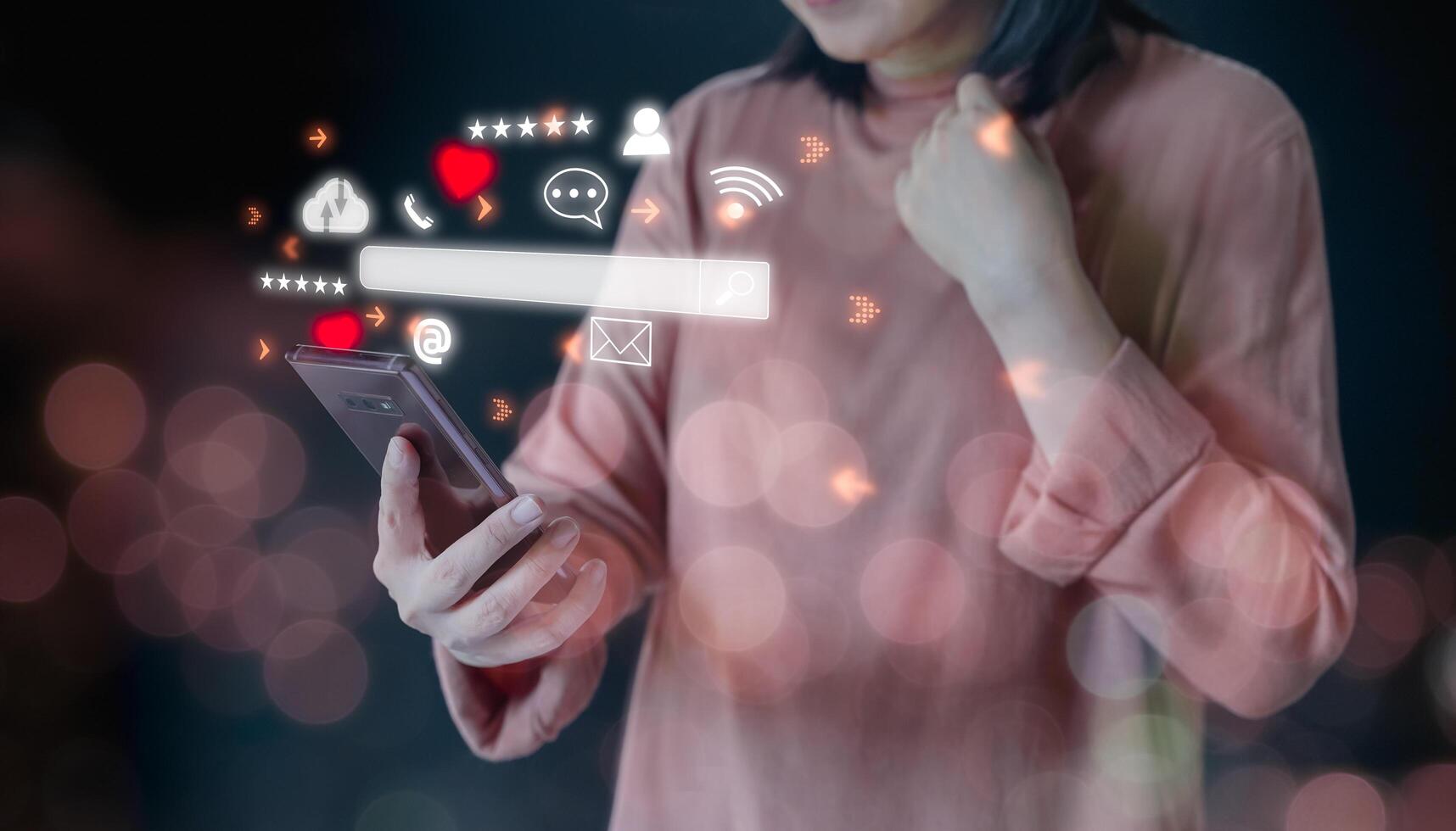 Business woman use mobile phone streaming virtual business network, text message, process diagram. Staying connected. Smartphone with icon social media and social network everyday technology usage. photo