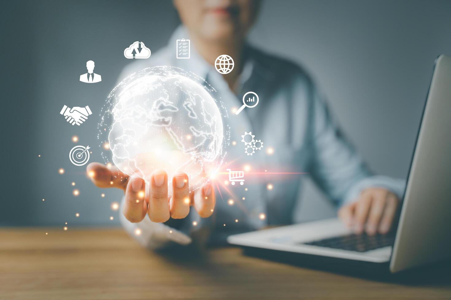 Woman Hand holding virtual Globe. Internet connection, metaverse. Business global application technology and digital marketing, Financial and banking, Digital link tech, big data. photo