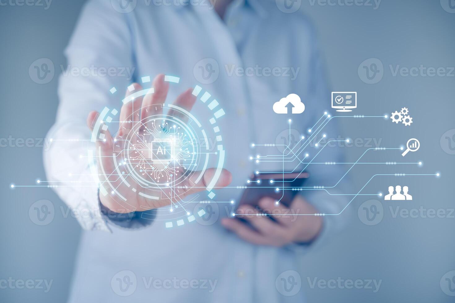 Technology abstract background with hand touching complex circular diagram on virtual screen with copy-space, innovation, network, big data, internet concept technologies for business and digital data photo