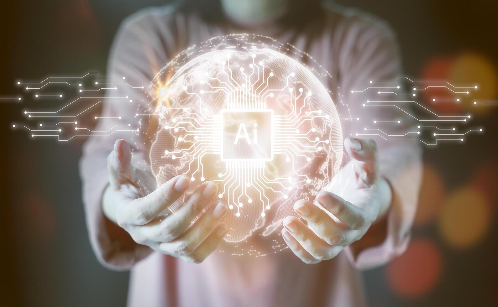 Virtual hologram globe in hand. Artificial intelligence and innovation concept global network, internet connection, IoT Internet of Things, business intelligence, futuristic technology background. photo