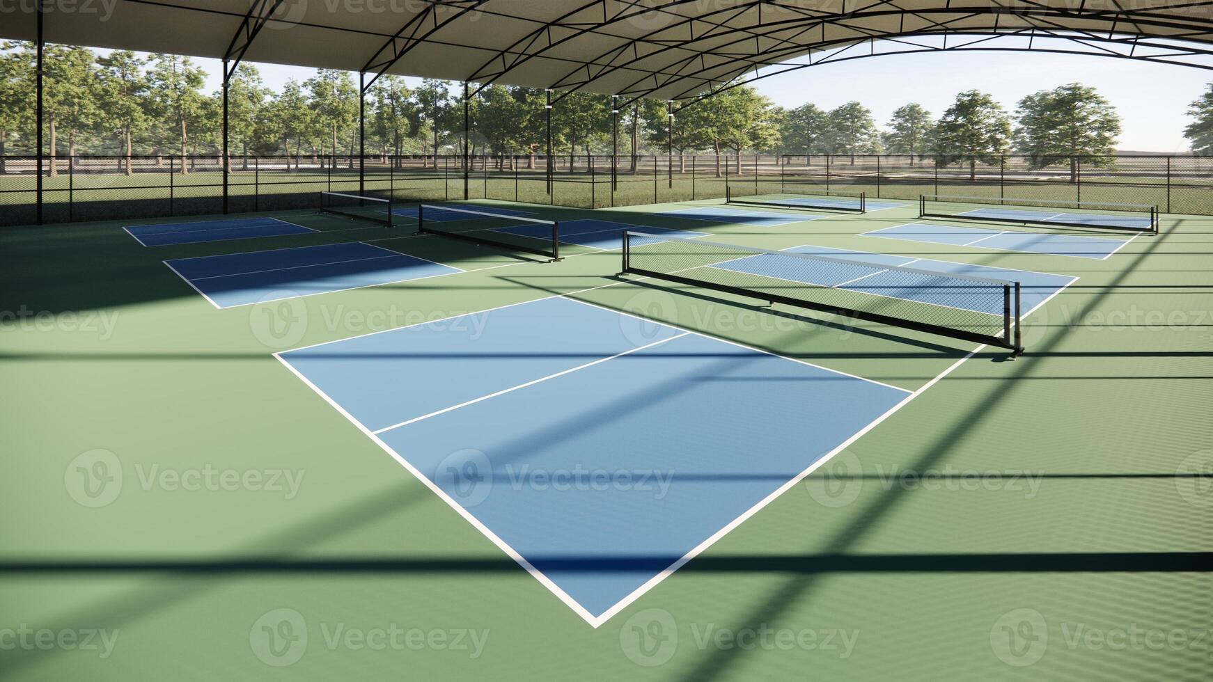 corner view pickleball courts with shade structure photo