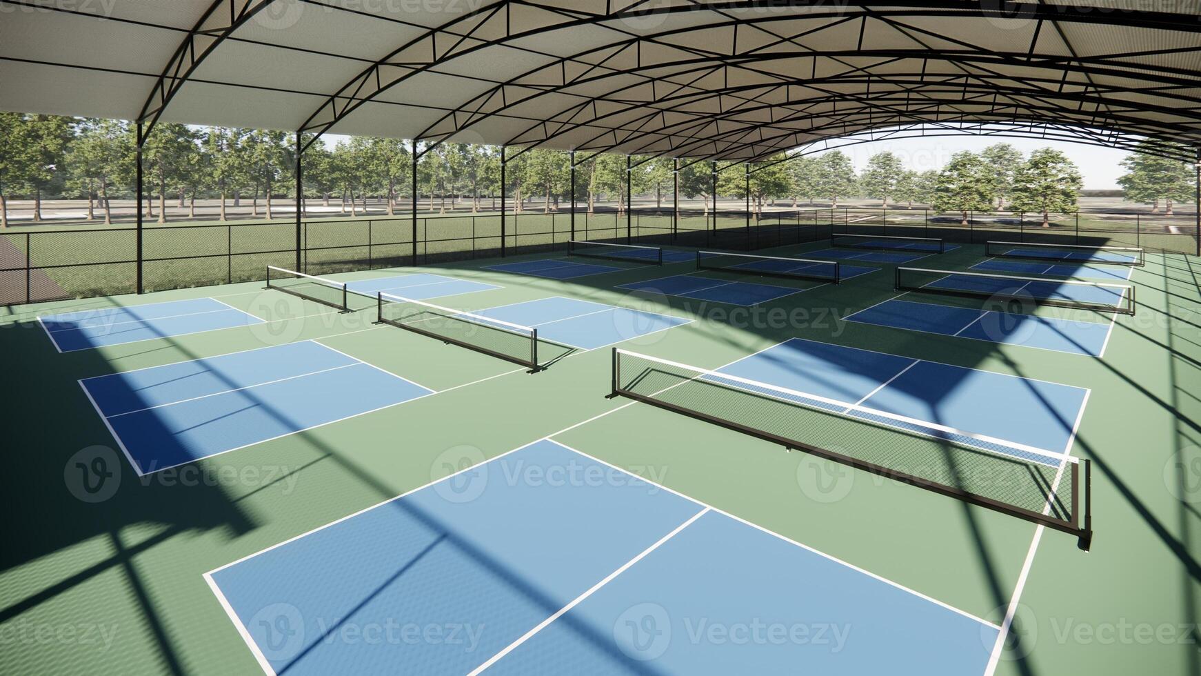 corner view pickleball courts with shade structure photo
