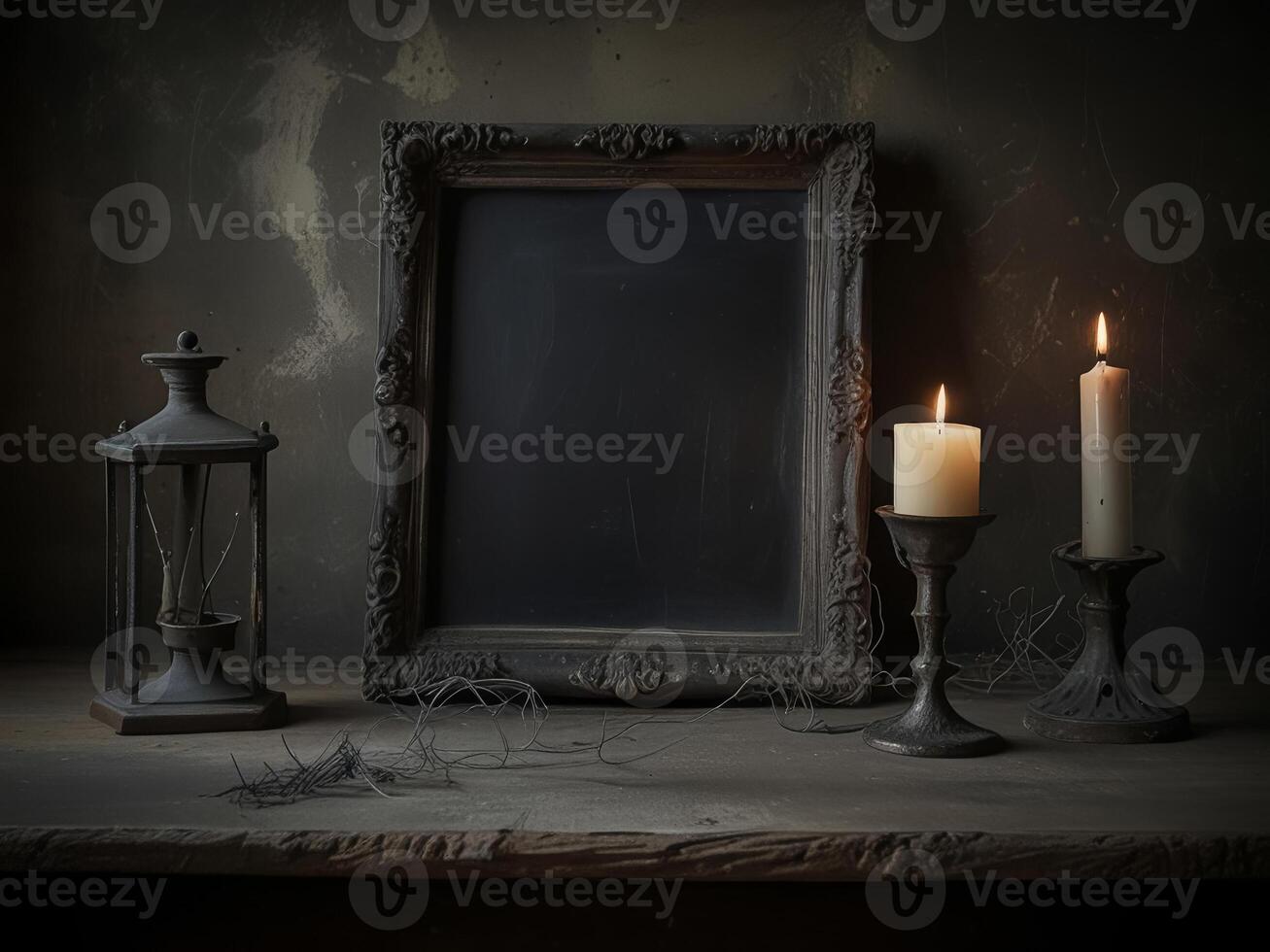 Gothic Still Life with Vintage Frame, Candles, and Lantern on a Dark Background photo