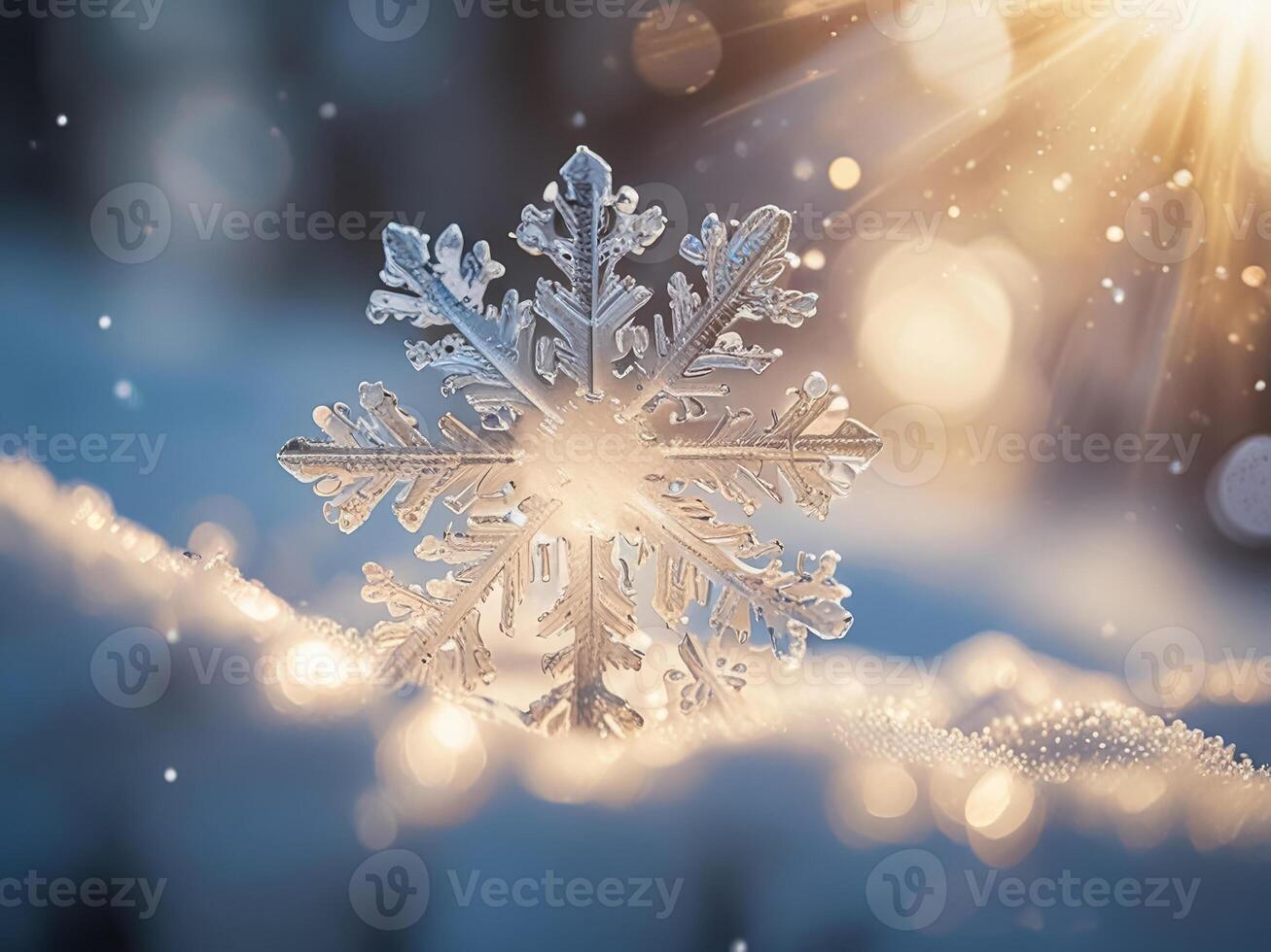 Macro photo of a glowing snowflake in soft sunlight on a snowy background.
