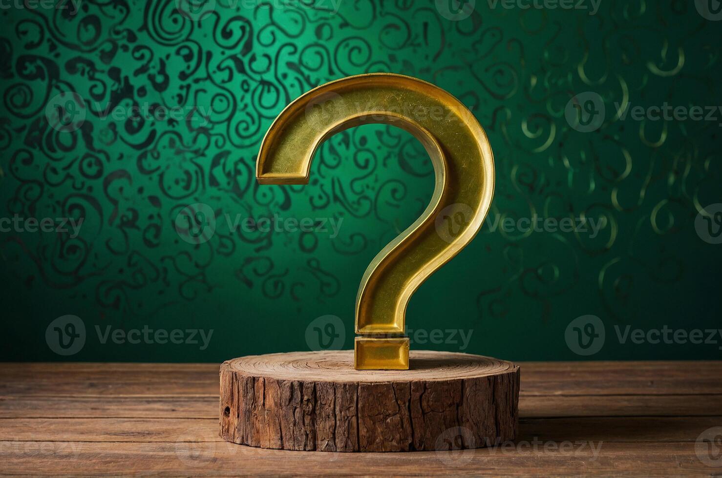 Question on a stump with a green background with a pattern of circles and a green background photo