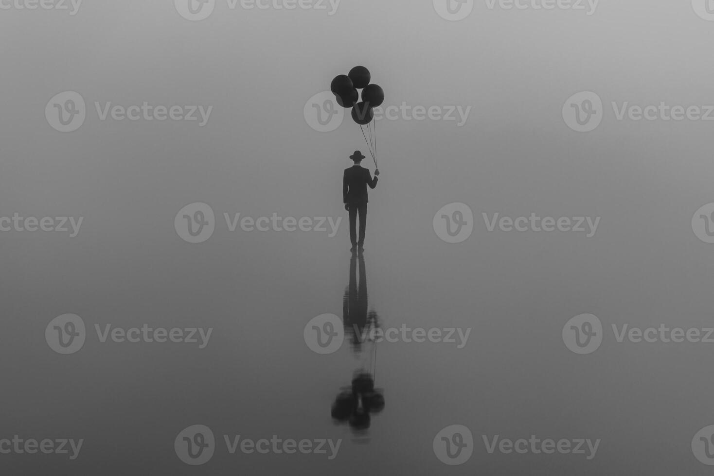 surreal creative portrait of a man in a suit with a hat with balloons in his hand on the water photo