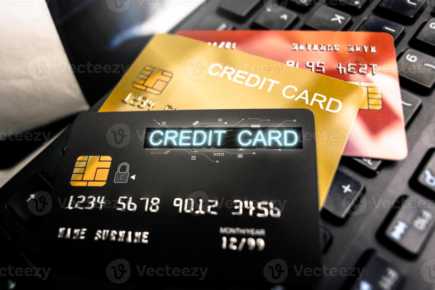 Close up of futuristic credit card and financial security technology of banking , Credit card technology concept photo