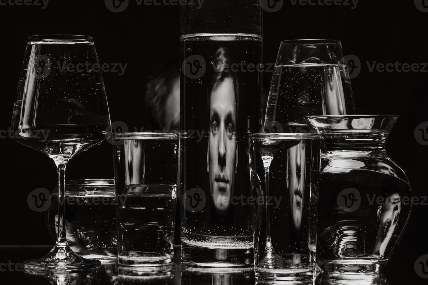 portrait of a man looking through glasses of water with mirror reflections photo