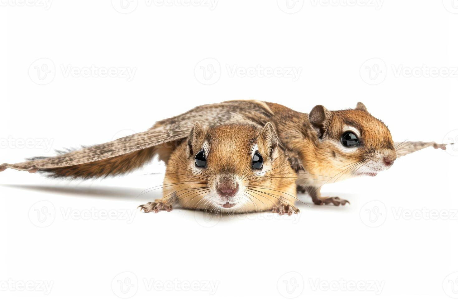 Two playful chipmunks exploring their surroundings on a white backdrop, showcasing their lively expressions and movements photo