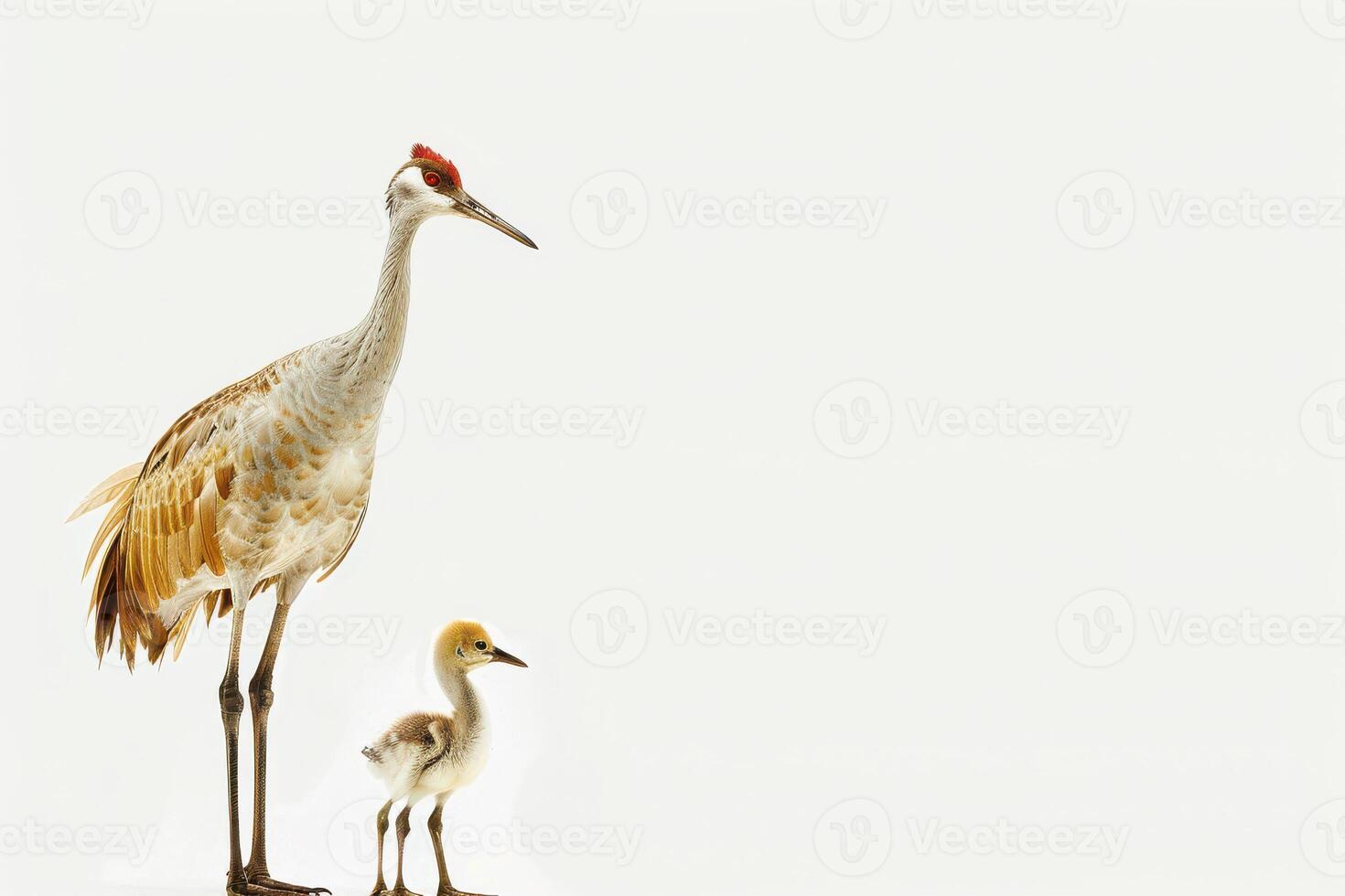 Sandhill crane and chick standing tall against a plain background in a serene setting photo