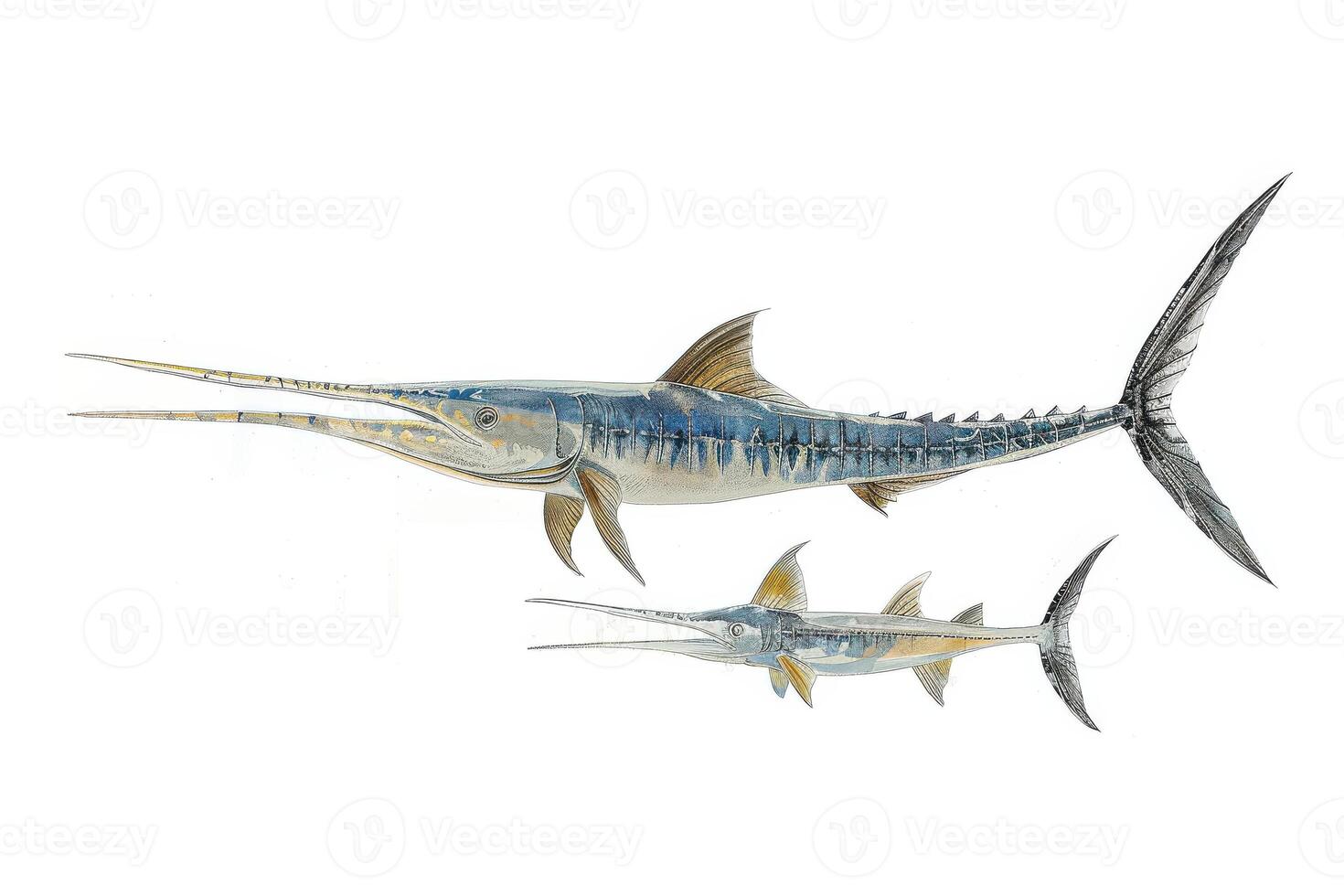 Detailed illustration of a swordfish and its juvenile, showcasing their unique features and habitat in the ocean photo