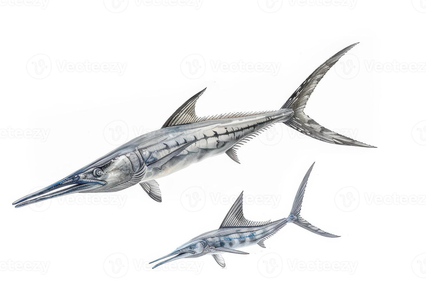Two species of swordfish swimming together in an underwater setting presented in a detailed and realistic illustration photo