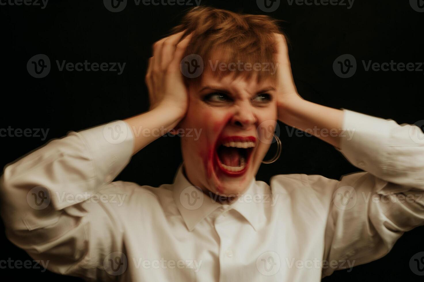 woman is psychopath with schizophrenia and mental disorders. Abstract blurry portrait of a girl with psychosis and panic attacks photo