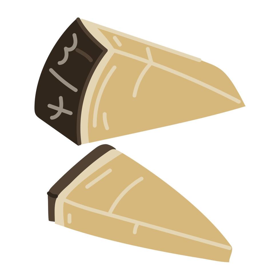 Hard cheese parmesan or pecorino, cut into triangular pieces in a dark package separately, illustration, isolated highlighted on a white. For the menu of dairy products, cafes, restaurants vector