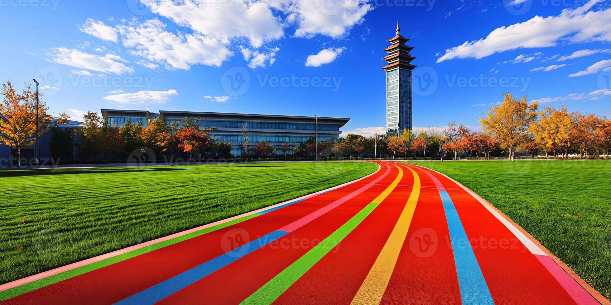 A colorful running track in a park with a building and a tower in the background. photo
