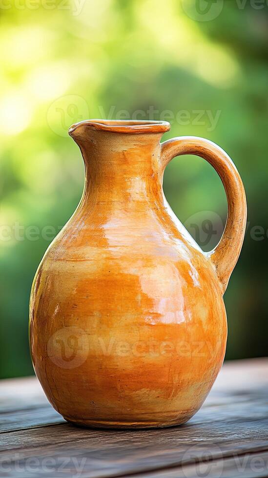 A rustic brown clay pitcher on a wooden surface with a blurred green background. photo