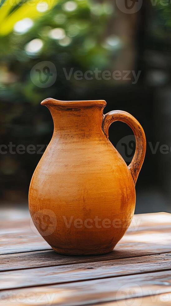 A rustic brown clay pitcher sits on a wooden table with a blurry green background. photo