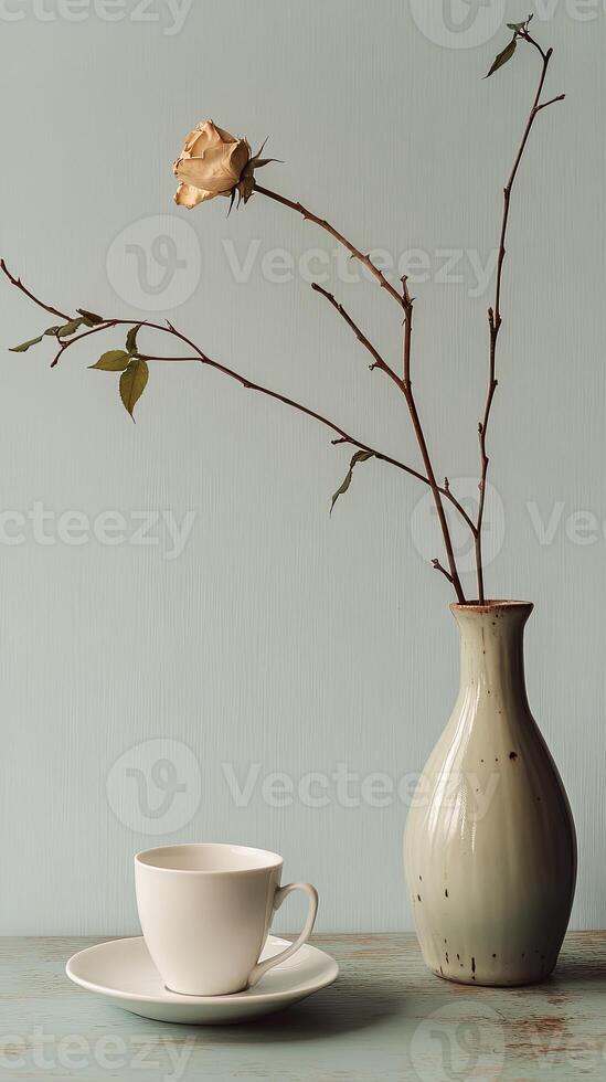 A white teacup and saucer sits next to a vase with a single, dried rose. photo
