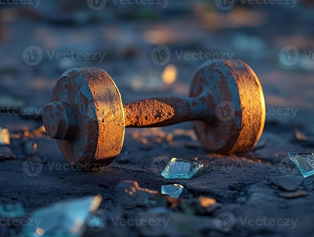 A rusty dumbbell lies on a concrete surface with broken glass scattered around. photo