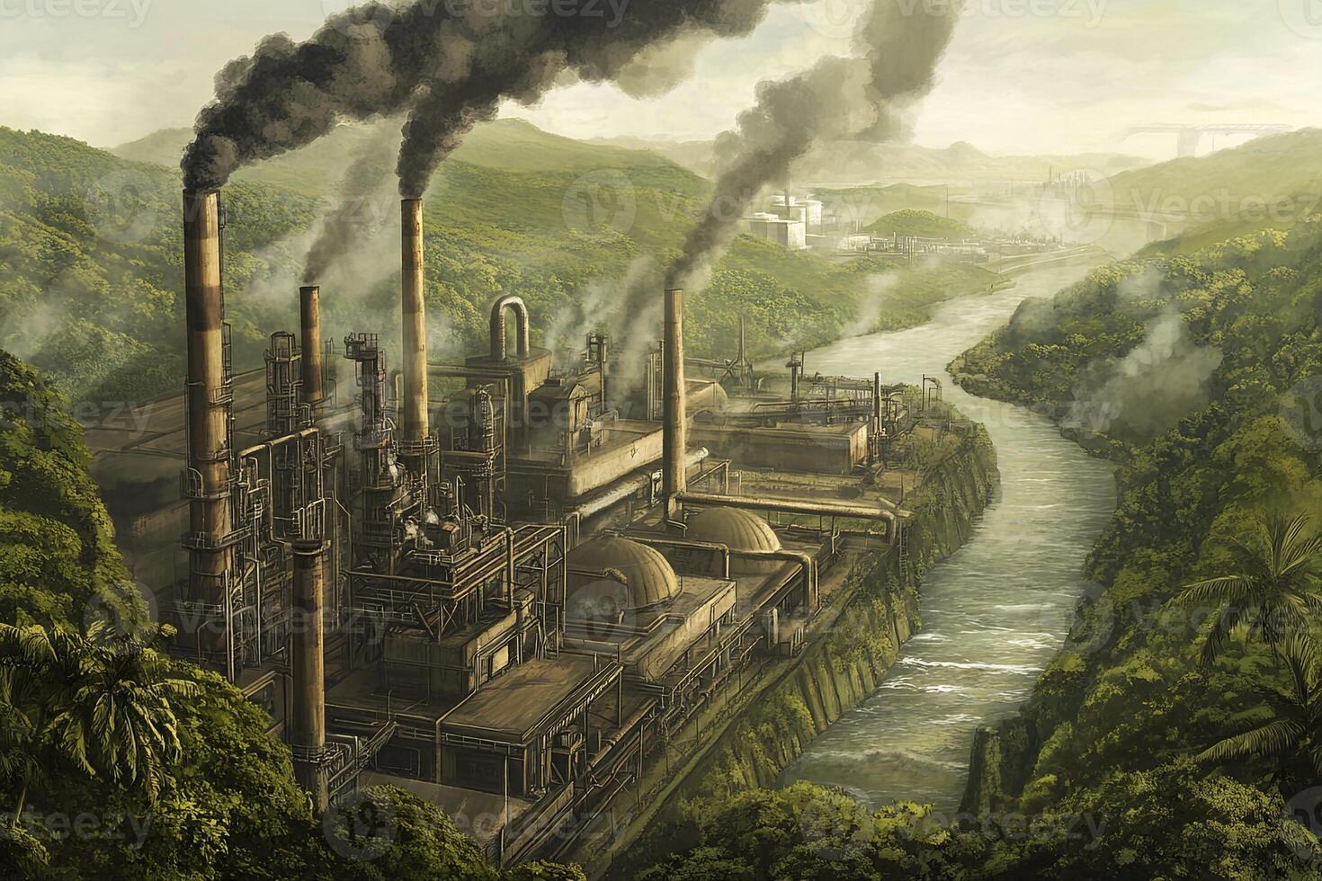 An industrial complex with smokestacks spewing pollution into the air, situated amidst lush green vegetation and a winding river. photo