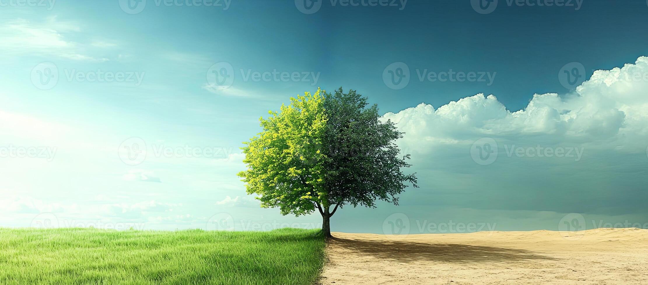 A solitary tree stands in a field with a split landscape of lush grass and dry, cracked earth representing contrasting environments. photo