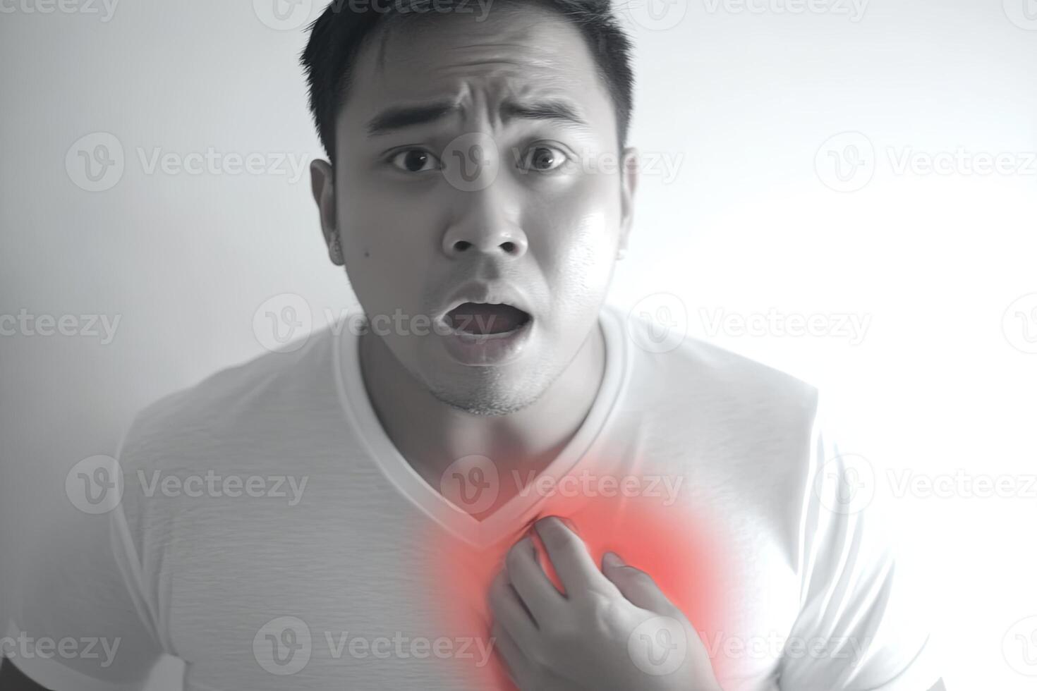 A young man experiencing chest pain, clutching his chest with a pained expression. photo
