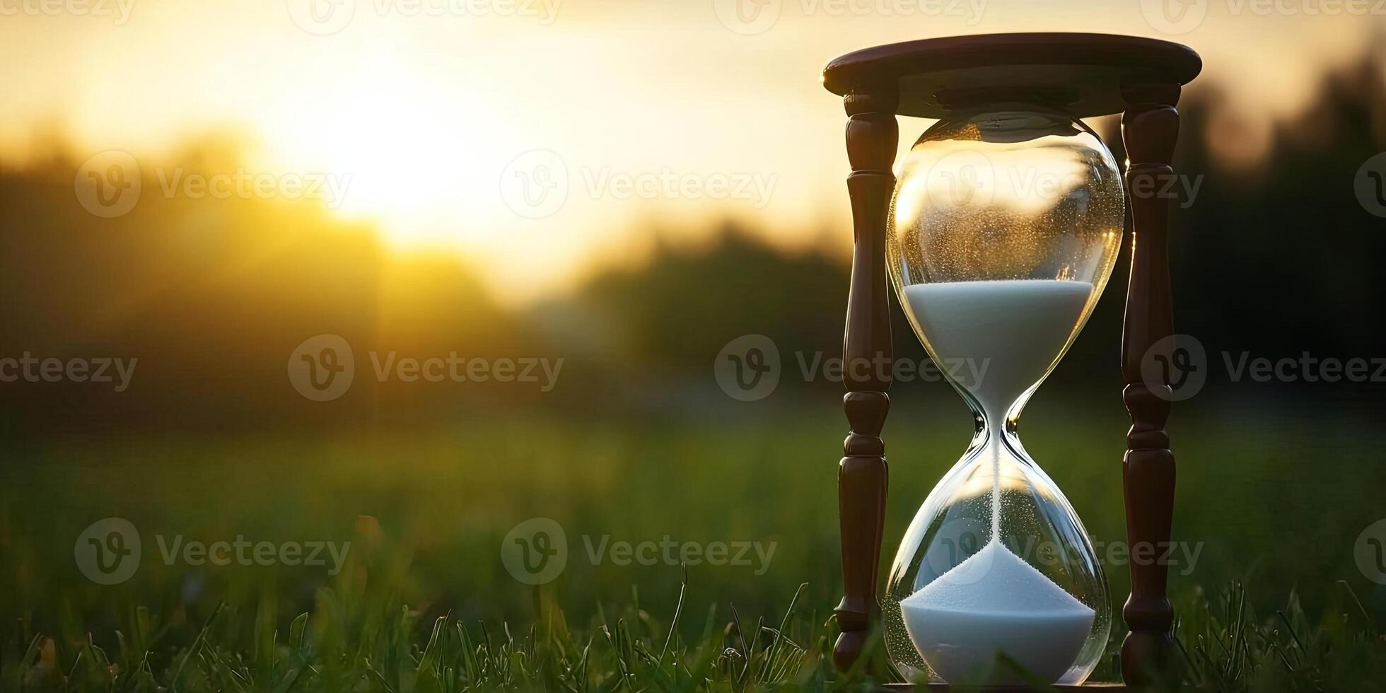 Hourglass on grassy field with sunset in the background. photo