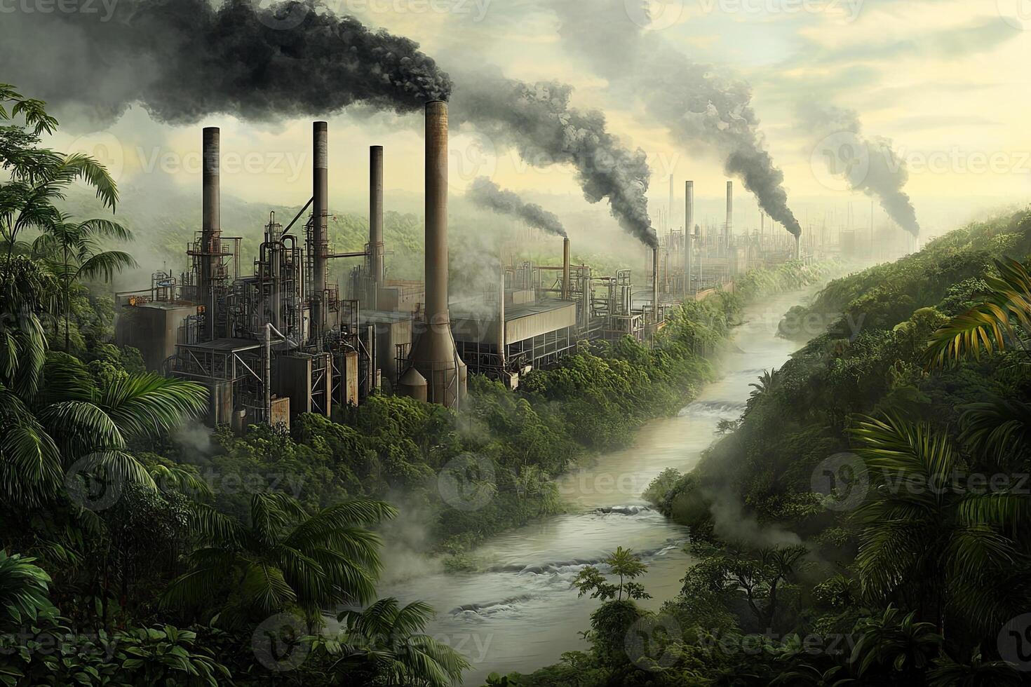 A river flows through a dense jungle with industrial factories belching smoke into the air in the background, creating a stark contrast between nature and industry. photo