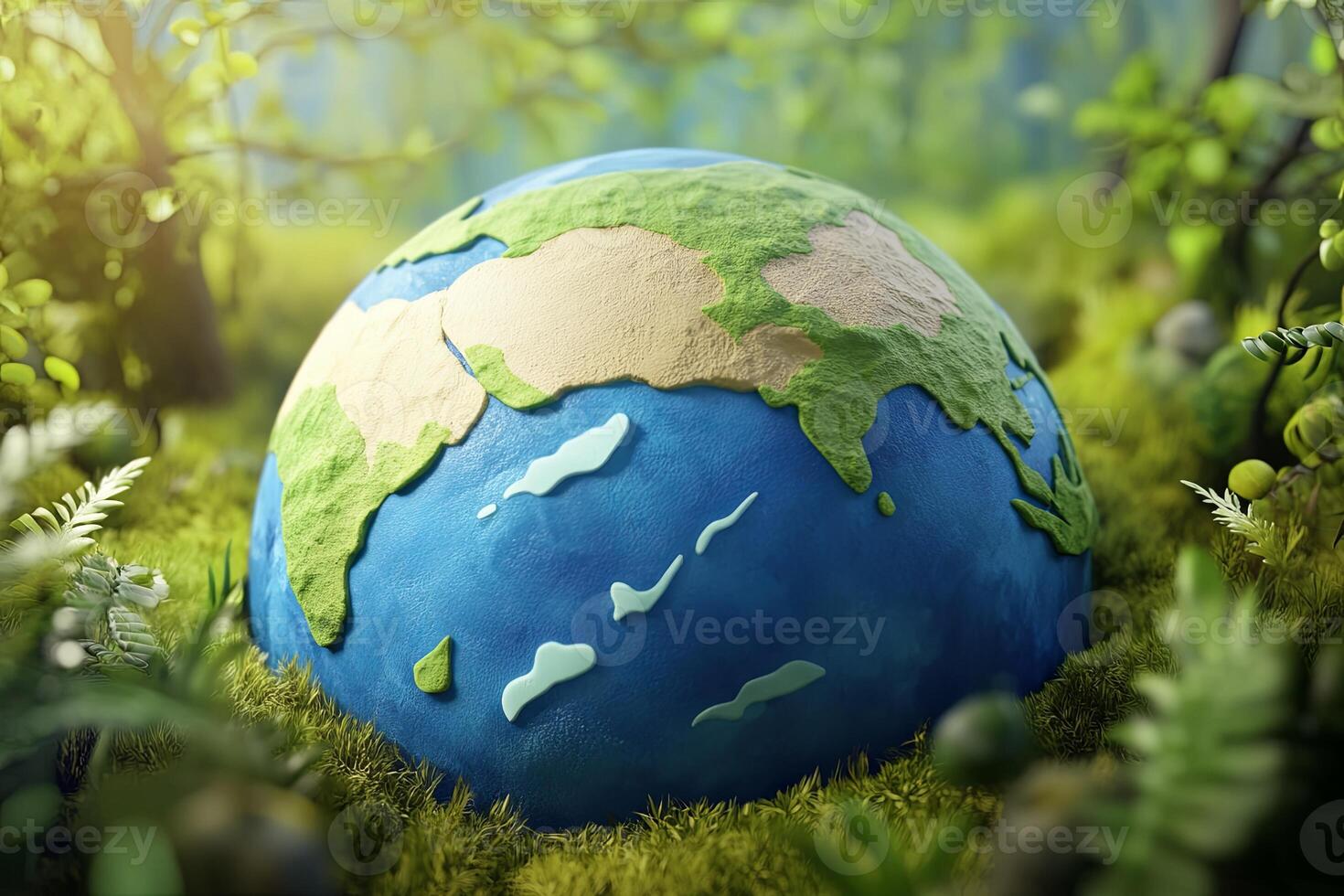 A clay model of the Earth sits nestled in a bed of green moss, surrounded by lush foliage, evoking a sense of environmental harmony and the importance of nature. photo