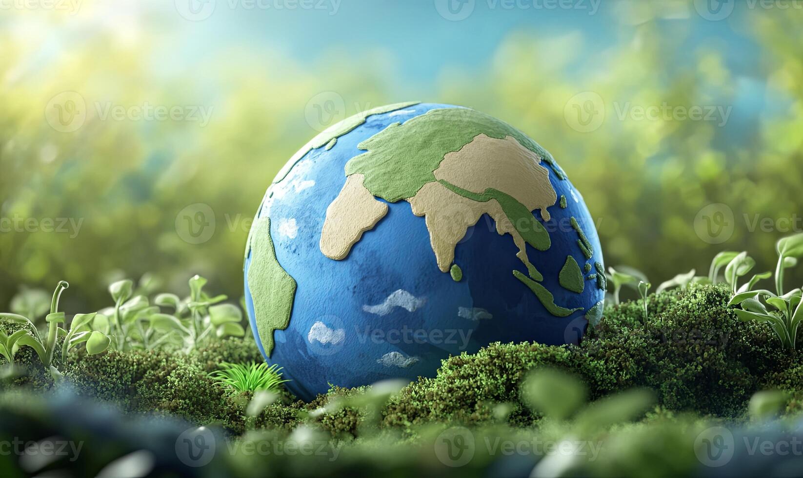 A clay globe, depicting Earth, is nestled amongst green foliage, representing the importance of preserving our planet. photo